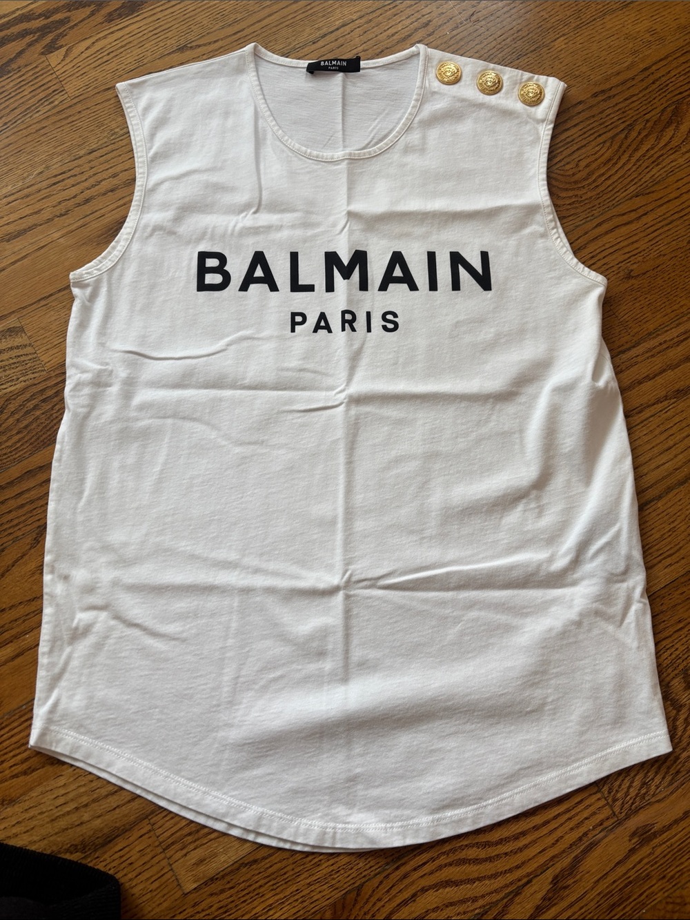Balmain White Logo Sleeveless Tank with Gold Buttons